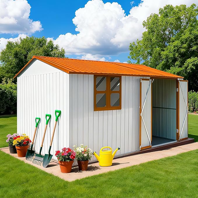 12 x 10 FT Outdoor Storage Shed with Floor, Metal Garden Tool Shed with Vents,Windows,Slooping Roof and Lockable Doors, All-Weather Bike Shed Easy to Assemble for Backyard, Patio, Lawn, White