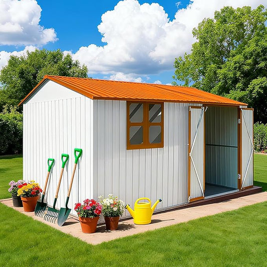 12 x 10 FT Outdoor Storage Shed with Floor, Metal Garden Tool Shed with Vents,Windows,Slooping Roof and Lockable Doors, All-Weather Bike Shed Easy to Assemble for Backyard, Patio, Lawn, White