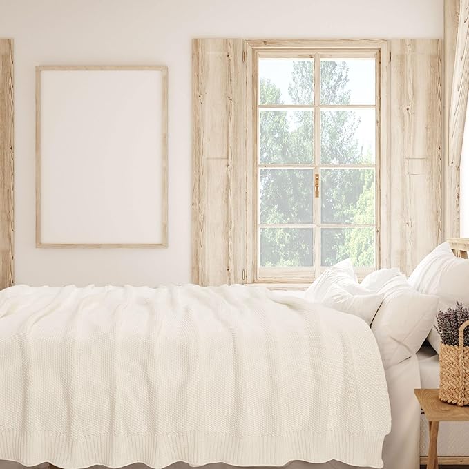 PiccoCasa 100% Cotton Knit Blanket Full Size,Solid Lightweight Decorative Throws and Blankets,Soft Knitted Throw Blanket for Sofa Couch, Beige 70" x 78"