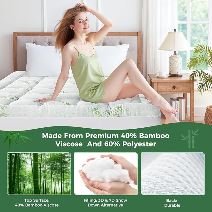 HYLEORY Mattress Topper King Size - Thick Bamboo-Viscose Cooling Pillow Top Mattress Pad Breathable Fluffy Soft Mattress Cover with 8-21" Deep Pocket, Green
