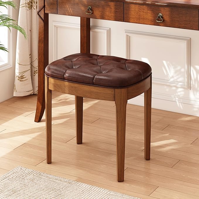 Solid Wood Button Tufted Vanity Stool, Ottoman Stool with Wood Legs & Padded Seat PU Leather Upholstered Piano Bench with Non-Slip Foot Pads Accent Chair for Bedroom Entryway, Wine Red