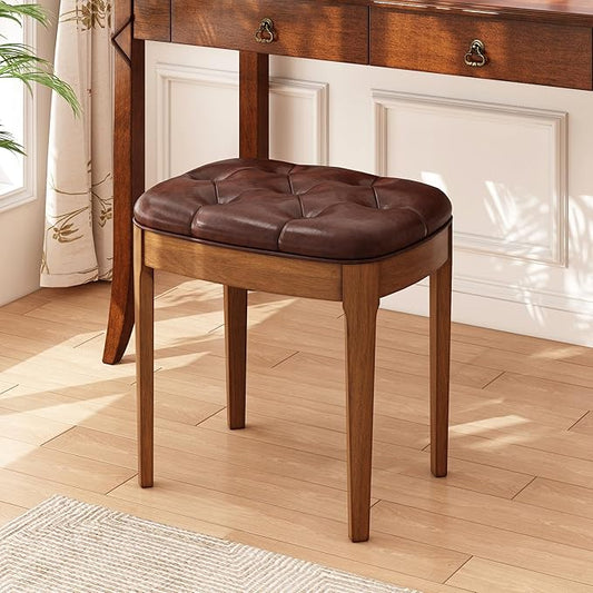 Solid Wood Button Tufted Vanity Stool, Ottoman Stool with Wood Legs & Padded Seat PU Leather Upholstered Piano Bench with Non-Slip Foot Pads Accent Chair for Bedroom Entryway, Wine Red