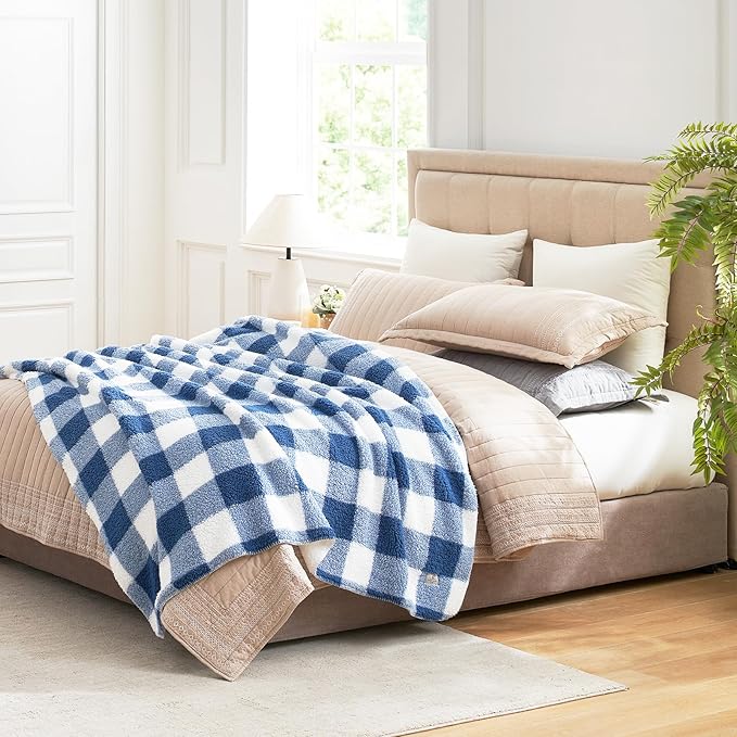 Cozy Bliss Ultra Soft Reversible Double Sherpa Sided Blanket, Buffalo Plaid Throw Blanket Fluffy Thick Warm Plush Fuzzy Blanket for Couch, Bed and Gifts (Navy Blue, 60" x 80")