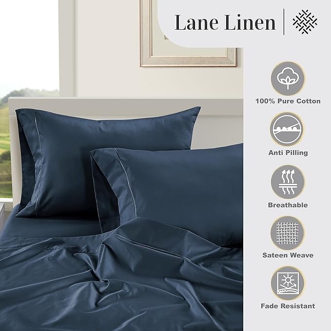 LANE LINEN Pillows Standard Size Set of 2 Soft 100% Egyptian Cotton Sateen 1000 Thread Count Cool & Smooth Pillowcases Queen - Denim