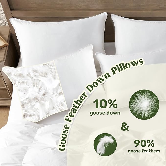 puredown® Goose Feather Down Pillows, Bed Pillows for Sleeping with 2 Outer Protectors, Hotel King Pillows Set of 2 (Pack of 2)