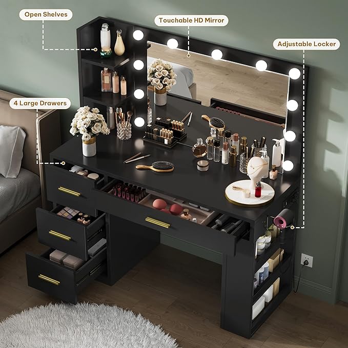 YITAHOME Vanity Desk with Mirror and Lights, Makeup Table with Charging Station, Large Vanity Set with 4 Drawers, Cute Makeup Desk with 6 Storage Shelves, Black
