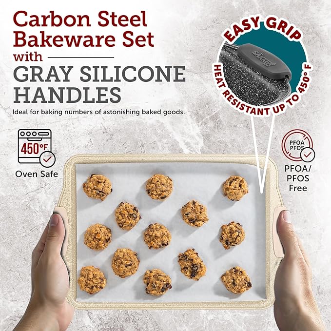 BAKKEN Cookie Sheets for Baking Nonstick Set - 3-Piece Stackable Carbon Steel Baking Sheet Pans Set with Silicone Handles, Non Toxic Cookie Sheets for Baking Bakeware Set - White Marble