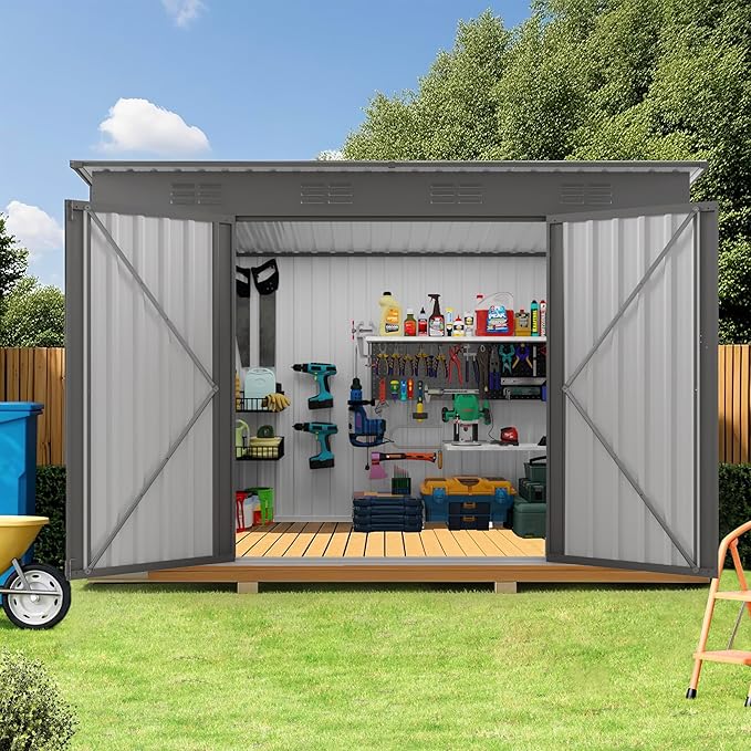 4x9 ft Lean to Shed, Outdoor Storage Shed with Lockable Double Door and Window, Metal Storage Sheds with Sloping Roof and 6 Vents, Outside Garden Tool Sheds for Backyard, Patio (Grey)