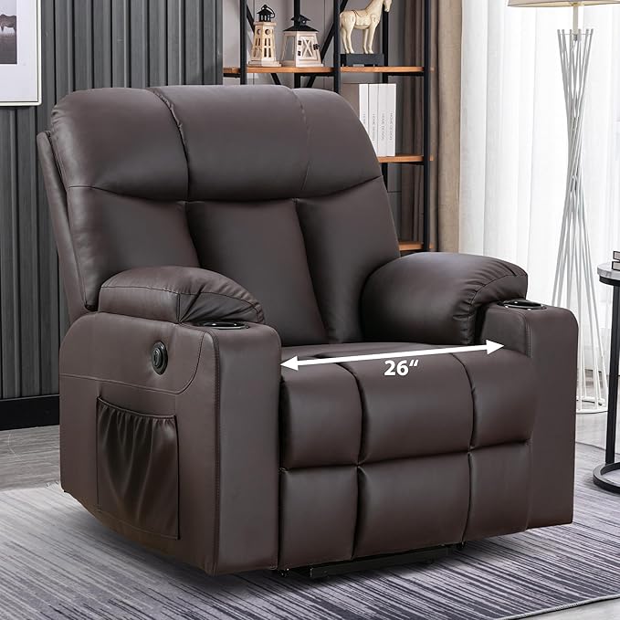 Bonzy Home Oversized Power Lift Recliner Chair for Elderly, Faux Leather Lift Chair with Heated and Massage, Extra Wide Single Sofa with 2 Cup Holders, Side Pockets, USB Port, Brown