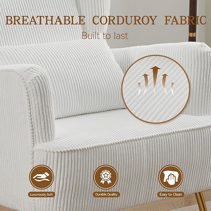 Corduroy Accent Living Room Arm Chair with Pillow & Golden Legs, 8.5" Thick Cushion, Mid Century Modern Wingback Chairs Upholstered Comfy Sofa Armchair for Reading Room/Bedroom, White