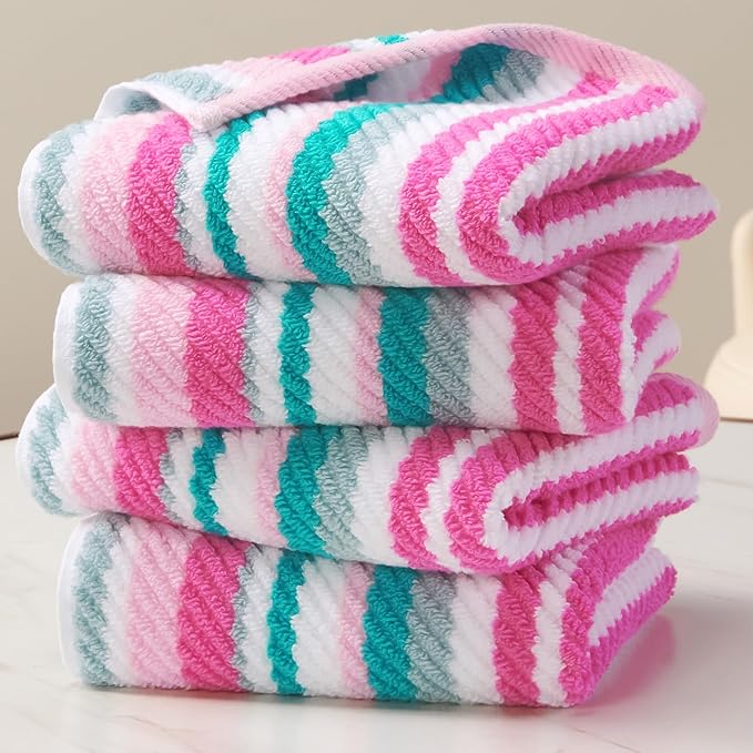 VOOVA & MOVAS Cotton Hand Towels Set of 4, 16"x27" - Quick Dry, Soft & Absobent & Lightweight, Striped Hand Towels for Bathroom & Showering, Luxury Towel Gift Set, Pink and Teal Stripe