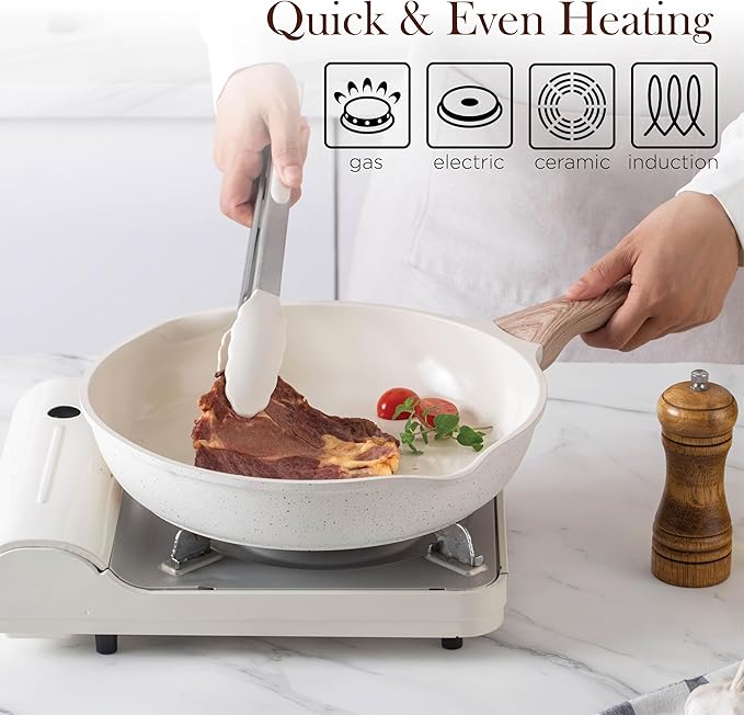 Country Kitchen Pots and Pans Set Nonstick, Cast Aluminum Kitchen Cookware Set with Utensils, 14 Pcs Non Stick Cooking Set w/Frying Pans & Saucepans, Cream