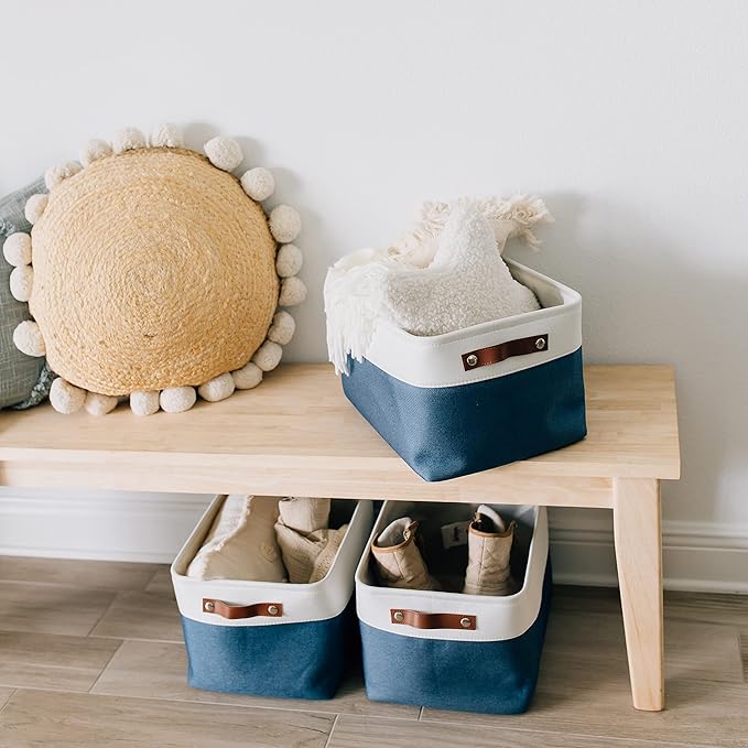 OrganiHaus Extra Large Fabric Storage Bins for Shelves 16x13in, Closet Storage Baskets for Shelf Organizing, Canvas Rectangle Bins for Organization, Linnen Baskets for Organizing - Navy Blue/White