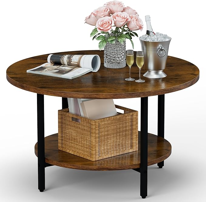 Round Coffee Table, 27.6" Circle Coffee Table for Living Room, 2-Tier Wood Accent Center Table with Open Storage Industrial Design Home Furniture, Rustic Brown