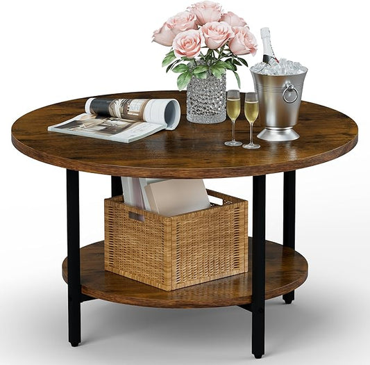 Round Coffee Table, 27.6" Circle Coffee Table for Living Room, 2-Tier Wood Accent Center Table with Open Storage Industrial Design Home Furniture, Rustic Brown