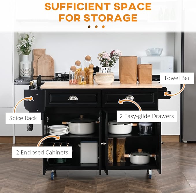 HOMCOM Rolling Kitchen Island Cart with Drop Leaf, Kitchen Cart on Wheels with Rubber Wood Top, 2 Drawers and 2 Storage Cabinets, Island Table for Kitchen, Dining Room, Black