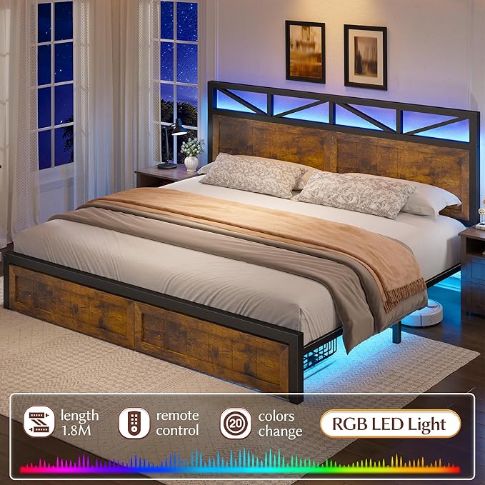 EnHomee Farmhouse King Size Bed Frame with 2 Storage Drawers & LED King Bed Frame Built in Charging Station,NO Noise,No Box Spring Needed,Brown