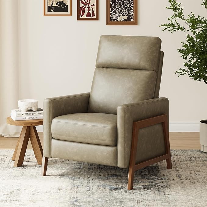 COLAMY Push Back Recliner Chair,Mid Century Modern Wingback Chair, Comfy Armchair PU Leather Living Room Chairs with Wood Legs Reclining Chair Adjustable, Grey