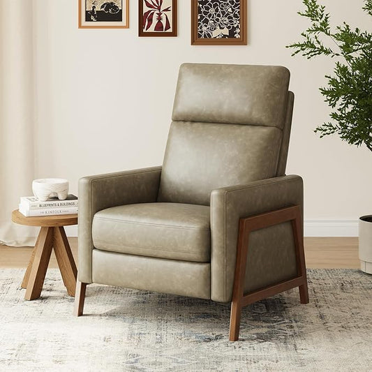 COLAMY Push Back Recliner Chair,Mid Century Modern Wingback Chair, Comfy Armchair PU Leather Living Room Chairs with Wood Legs Reclining Chair Adjustable, Grey