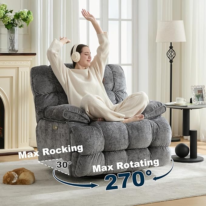 GINGO Power Oversized Recliner Chair, Extra Wide Swivel Rocking Recliner Chair, Breathable Soft Fabric Modern Single Sofa for Living Room, 90°-140° Electric Adjustable Angle, USB & Type-C Port, Gray