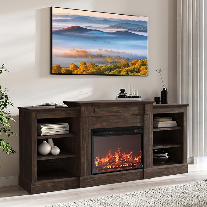 BELLEZE Modern 66" Electric Fireplace Heater Mantel TV Stand & Media Entertainment Center for TVs up to 66" with Energy-Efficient Heater with Sound and Side Shelves - Lenore (Brown)