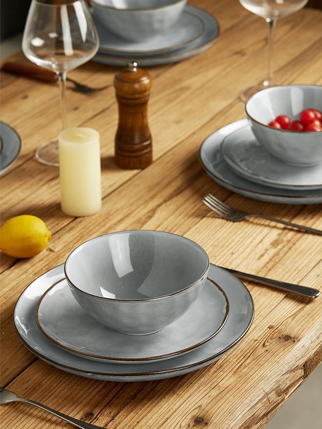Famiware Dinnerware Sets for 4, Ocean Round 12-Piece Kitchen Plates and Bowls Sets, Reactive Glaze, Microwave and Dishwasher Safe, Scratch Resistant, Grey