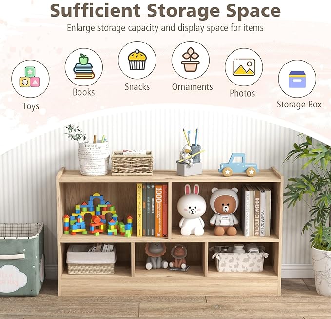 Toy Storage Organizer, 2-Tier Kids Bookshelf, 5 Cube Kids' Bookcases, Cabinets & Shelves, Wooden Toy Organizers, Small Book Shelf for Bedroom, Playroom, Classroom, Nursery (Natural)