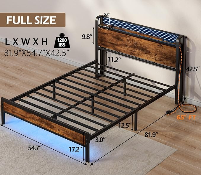 Furnulem Full Bed Frame with LED Lights,Industrial Storage Headboard with Charging Station,USB Port,Under Bed Storage,Wood Platform with Strong Metal Support,No Box Spring Needed, Silent