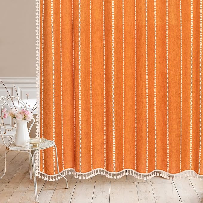 MitoVilla Boho Extra Long Shower Curtain 72 x 84, Orange 84 inch XL Polyester Linen Tassel Fabric Shower Curtain Set with Hooks for Vintage Country Farmhouse Bathroom Decor, Thick & Wrinkle Resistant