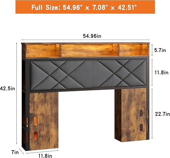 Full Size Headboard, Bed Headboard with Wood Bookcase, Charging Station, LED Light, Adjustable Height, Headboards Queen with Storage, Linen, Rustic Brown and Black