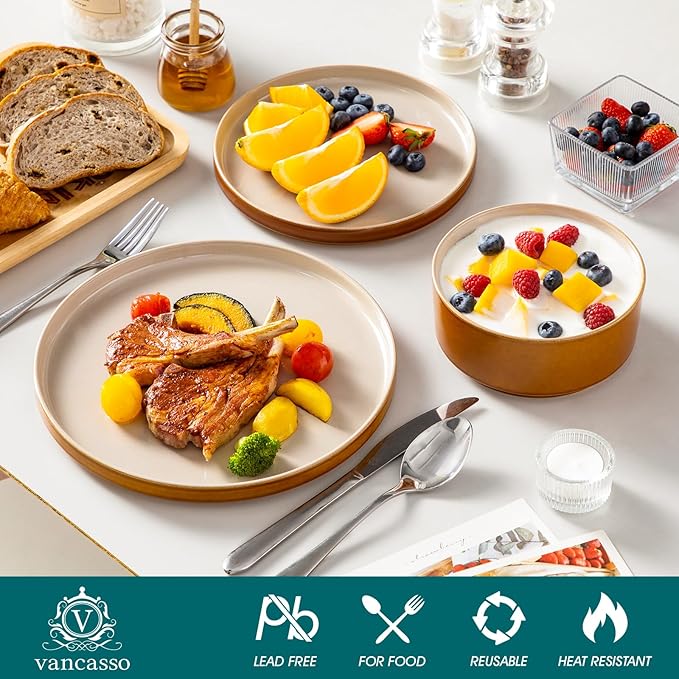 vancasso ONION Ceramic Plates and Bowls Sets, 24 Pieces Grey Dinnerware Sets for Kitchen, Reactive Glaze Dishes Set for 8, Dishwasher and Microwave Safe