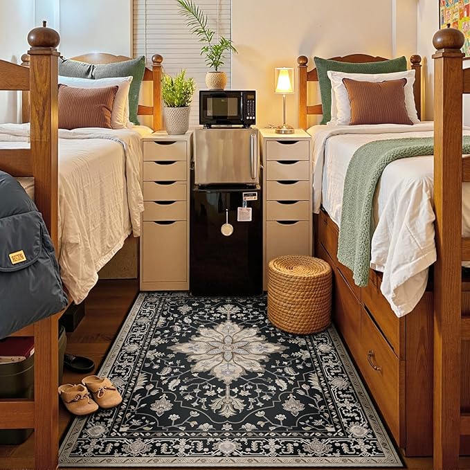 Area Rugs 5'x7' Washable Non-Slip, Floral Vintage Distress Print Pattern Medallion Carpet for Living Room Bedroom Dining Room, Black Brown Neutral Dark Tan