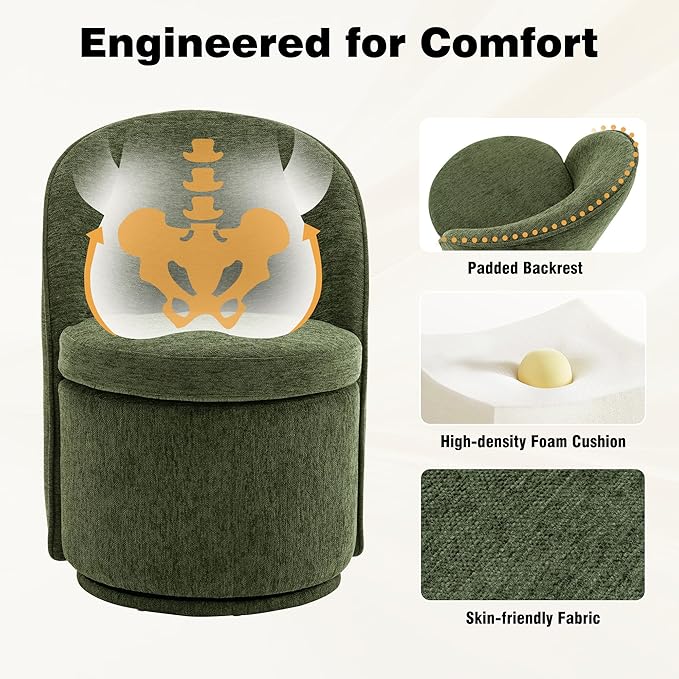 YOUNIKE Vanity Bench Boucle Fabric Green Solid Wood Swivel Accent Chair with Backrest Easy Assembly Dressing Stool for Bedroom & Makeup Room