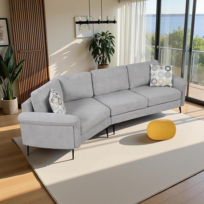 111" Sectional Couch, Upholstered Curved Sofa Couch with Two Printed Pillows, Sectional Couches for Living Room and Office, Cool Grey