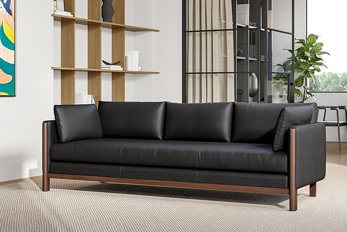 Valencia Matera 93” Black 3 Seater Full Leather Sofa | Modern Nappa Leather Couch with 2 Pillows for Living Room Furniture | Canadian Hardwood, One-Piece Curved Frame Lounge Sofa