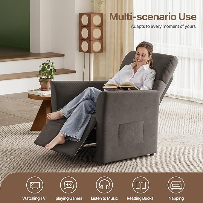 Claiks Power Recliner Chair for Adults, Adjustable Reclining Chair, Comfortable Recliner Couch with Side Pockets&Wire Remote Control, for Living Room, Home Theater, Bedroom, Linen Fabric, Dark Grey