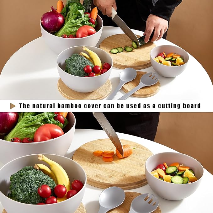 Salad Bowls Set of 3 with Lid & Serving Utensils, Bamboo Fiber Mixing Bowls Set Large Serving Bowls & Storage Set with Bamboo Lid for Salad, Kitchen Eating, Pasta, Popcorn, Chips, Fruit, Grey