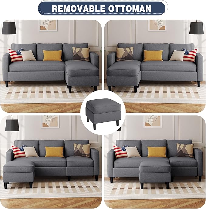 Shintenchi Small Sectional Couch Sofas, L Shape Sofa with Ottoman, Fabric Upholstered Convertible Sofa Couches, Small Couch for Apartments, Living Room and Office (Dark Grey)