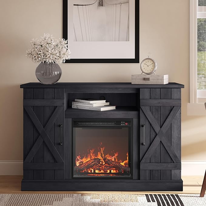 BELLEZE 47" TV Stand with 18" Electric Fireplace Heater & Media Entertainment Center Console Table for TV up to 50" with Open Storage Shelves & Cabinets - Veropeso (Rustic Grey)