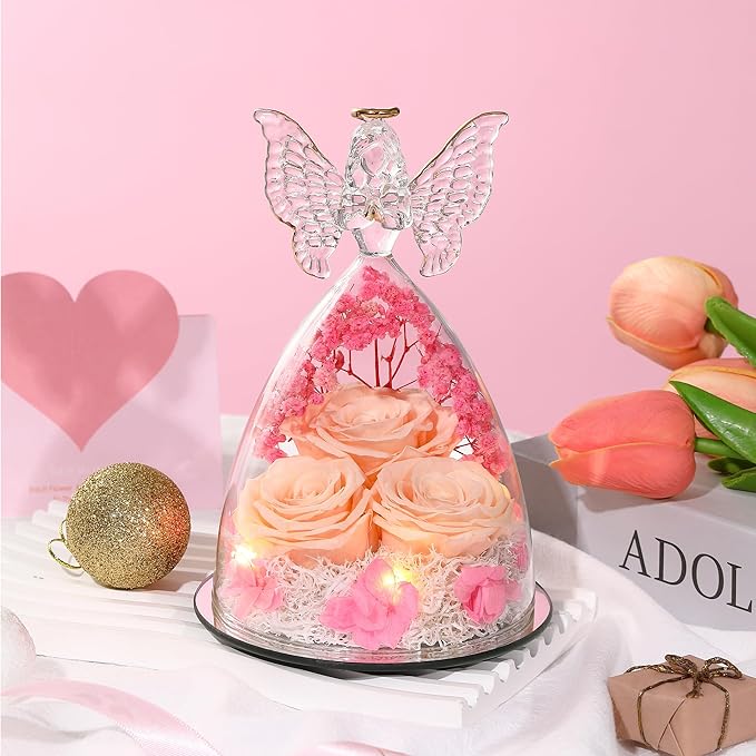 Ocosy Mothers Day Rose Gifts for Her, Large Angel Rose Gifts for Women, Forever Real Roses in Figurines, Guardian With Roses Flower Yellow Champagne