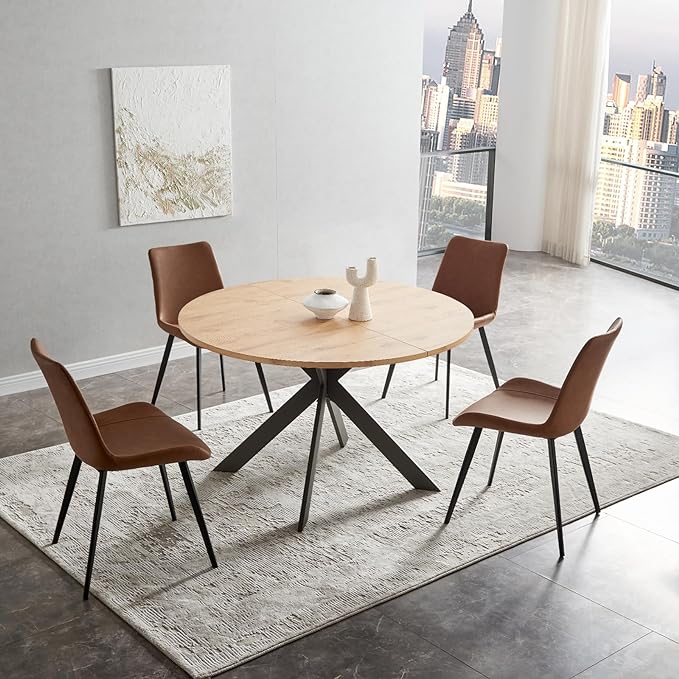 46.4" Round Dining Table Set, Mid Century Modern Round Dining Table for 4-6 Person, Steel Legs, Leisure Coffee Table for Kitchen Dining Room, Save Space