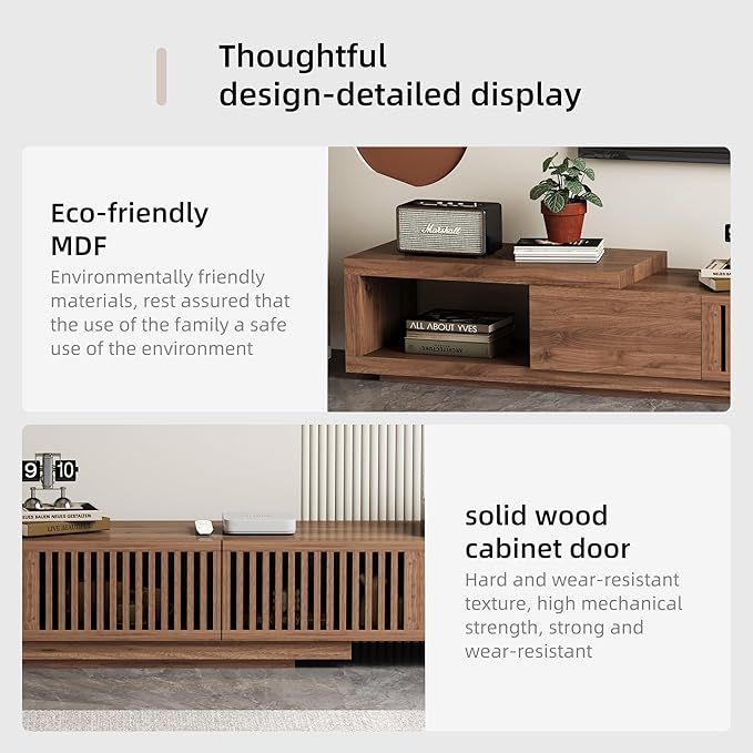 Modern Walnut TV Console for 75+ Inch Screen – Extendable Wood Media Unit (78"-103") with Grille Doors and Drawers, Great for Living Rooms & Bedrooms