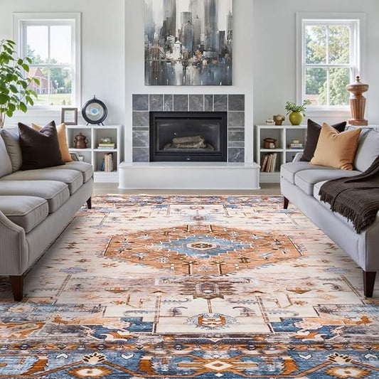 8x10 Area Rugs for Living Room, Non Slip Large Vintage Floral Rug for Bedroom Dining Room Farmhouse Classroom Kids Playroom Home Decor,Orange