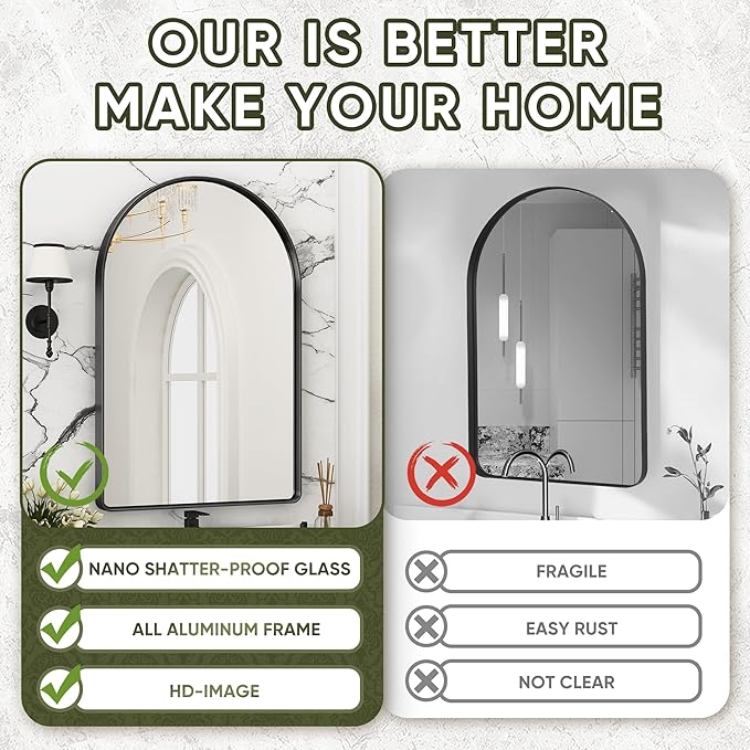 Suidia 24" x 36" Bathroom Mirror, Bathroom Vanity Mirror Metal Framed, Wall-Mounted Mirrors for Bedroom, Living Room, Entryway, Hallway, Black, Arch Style