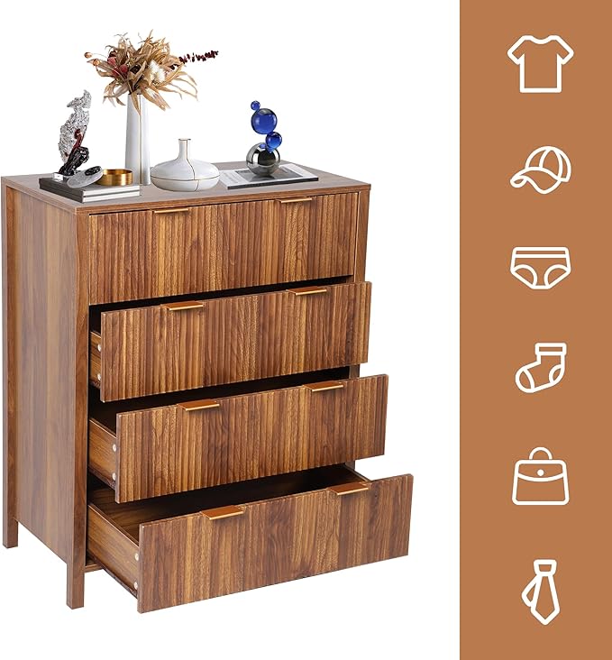 Fluted 4 Drawer Tall Dresser for Bedroom, Mid Century Modern Nightstand with Drawers, Tall Bedside Table for Closet Cloth, Living Room End Table with Storage for Dorm -Walnut