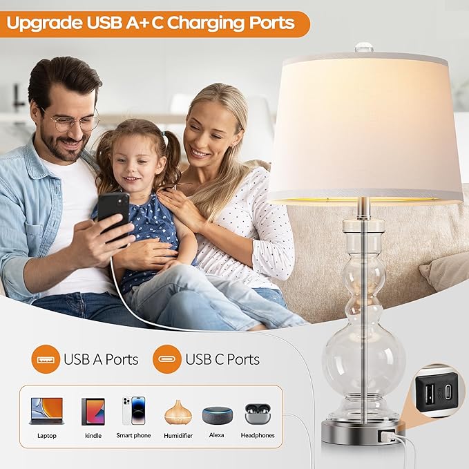 Hamucd 3-Way Dimmable Touch Control Clear Grey Glass Table Lamps Set of 2 with USB A+C for Modern Comtemporary Bedroom Nightstand Living Room Decor(Bulbs Included) (Clear)