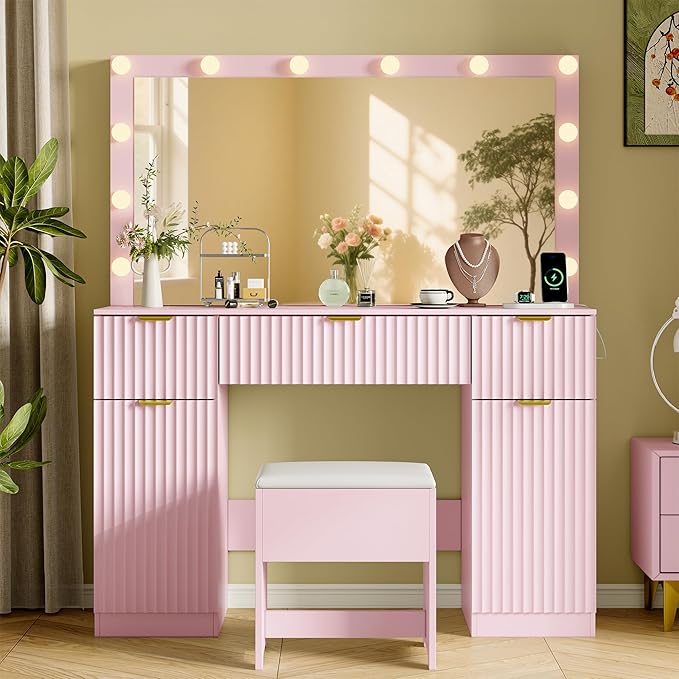 Vanity Desk with Large 42" Mirror and Lights, Pink Fluted Makeup Table Set with Storage Drawers, Power Outlet & Stool, 3 Lighting Modes & Adjustable Brightness, Dressing Table for Women Girls Bedroom