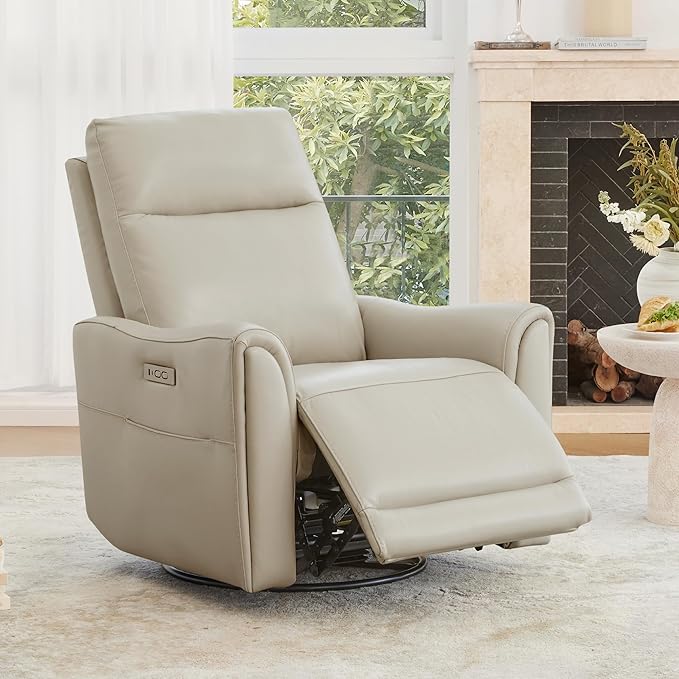 Watson & Whitely Genuine Leather Power Recliner Chairs for Adults, Swivel Glider Recliner Chair for Living Room with Charging Ports, Light Grey