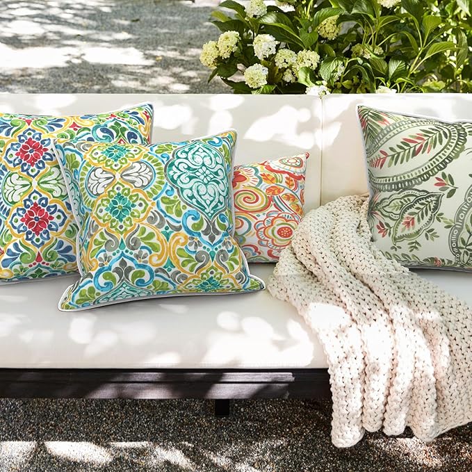 Outdoor Throw Pillow Covers Pack of 2, Decorative Water Repellent Square Pillow Cases 18x18 Inch, Patio Pillowcases for Home Patio Furniture Use, Faylinn Shadow Paisley