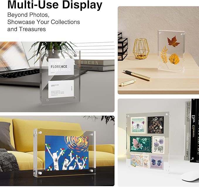 HOUSE DAY Acrylic Picture Frames 4x4, 1 Pack Magnetic 4 x 4 Picture Frame, Double Sided Clear 4x 4 Photo Frame with Microfiber Cloth, Frameless FreeStanding 4x4 Frame Gift for Desktop Display